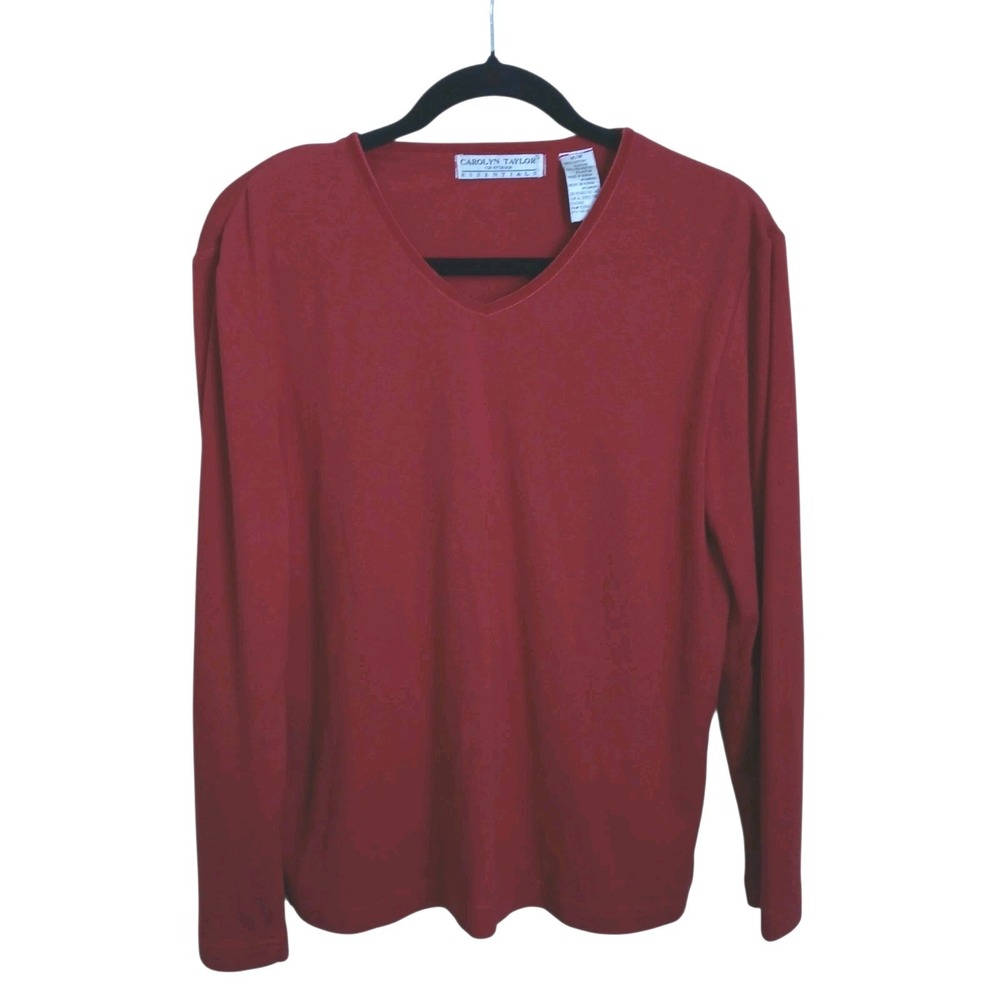 Vintage Carolyn Taylor Red Top Medium Women's Velvet Trim VNeck Long Sleeve